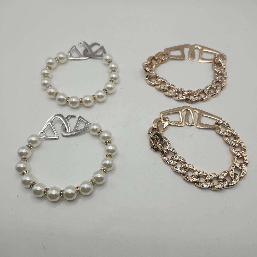 4pc Bracelet Set Faux Pearl + Gold Tone Rhinestone Chain Costume Jewelry